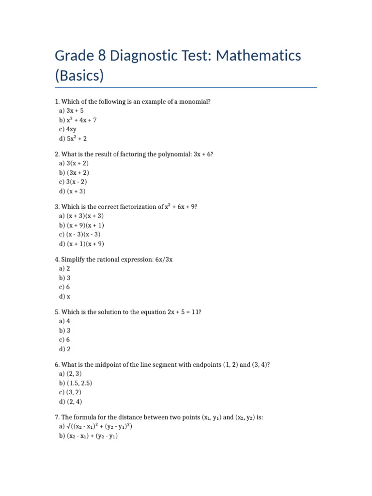 Grade 8 Math Diagnostic Test | PDF | Factorization | Algebra