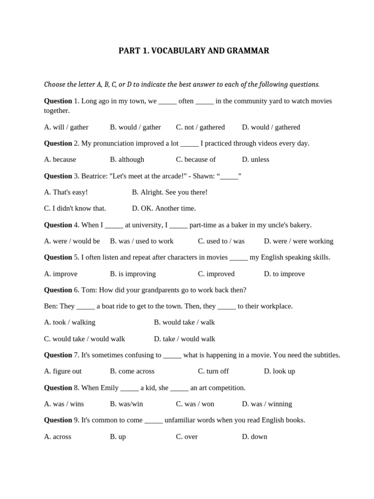 Vocabulary and Grammar Practice Test | PDF | English Language ...