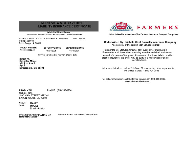 Minnesota Motor Vehicle Insurance Certificate | PDF