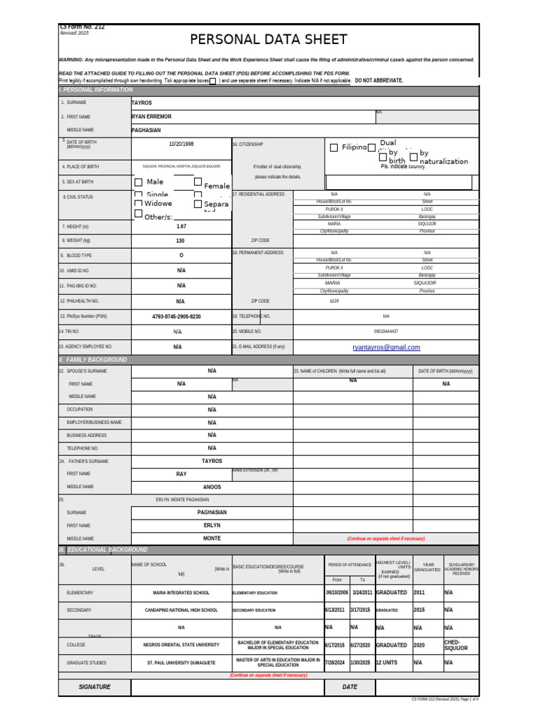 Personal Data Sheet Template | PDF | Special Education