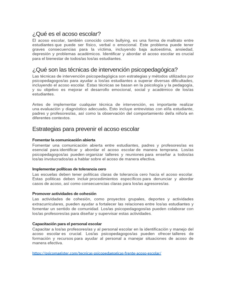 Técnicas para prevenir el acoso escolar | PDF