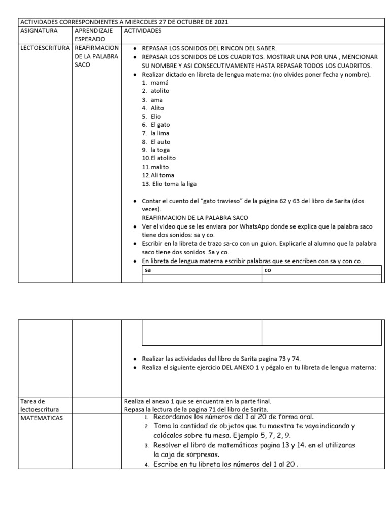 Actividades Correspondientes A Miercoles 27 de Octubre de 2021 | PDF