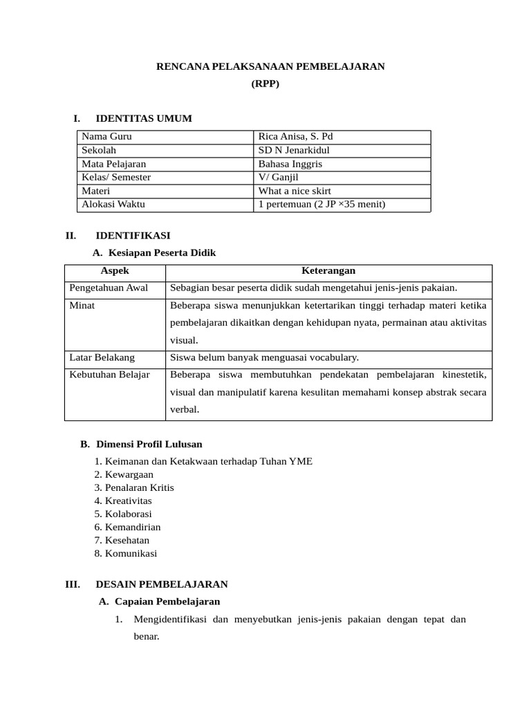 RPP Bahasa Inggris Kelas V: Pakaian | PDF