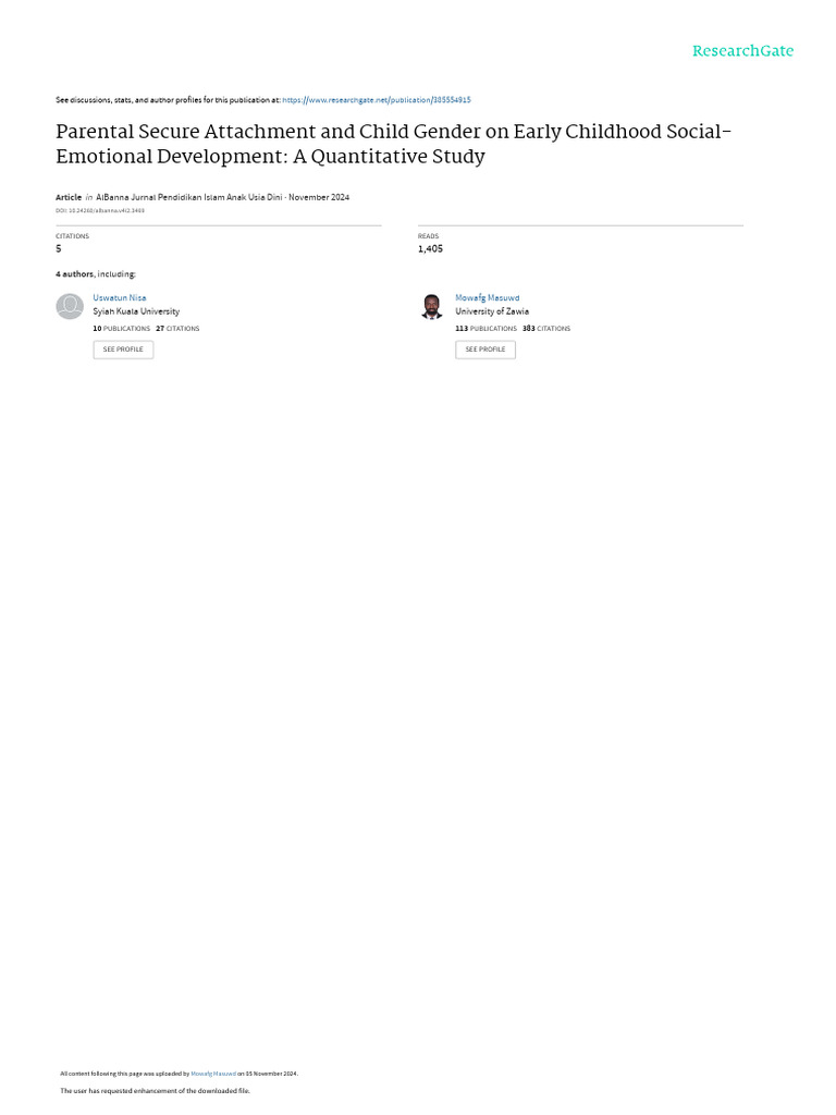 Parental Secure Attachment and Child Gender On Early Childhood Social ...