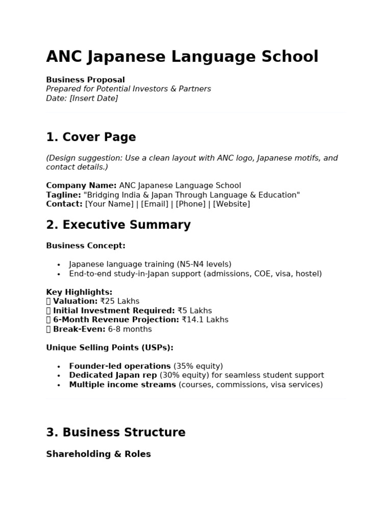 ANC Japanese Language School Proposal | PDF | Business | Investing