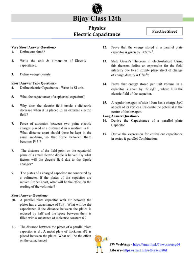 Electric Capacitance (Practice Sheet) | PDF