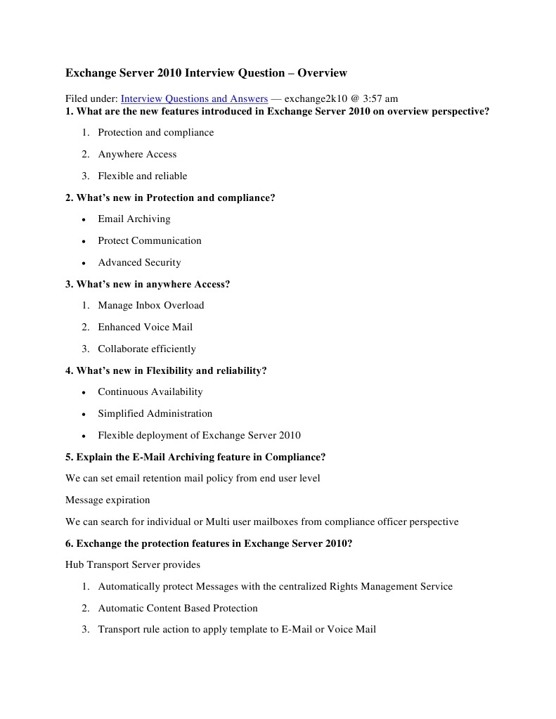 Microsoft Exchange Server 2010 Interview Questions And Answers Pdf