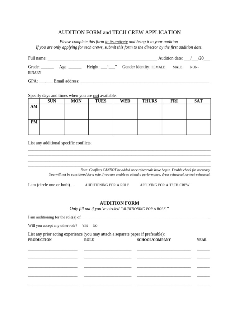 Audition and Tech Crew Application Form | PDF | Performing Arts