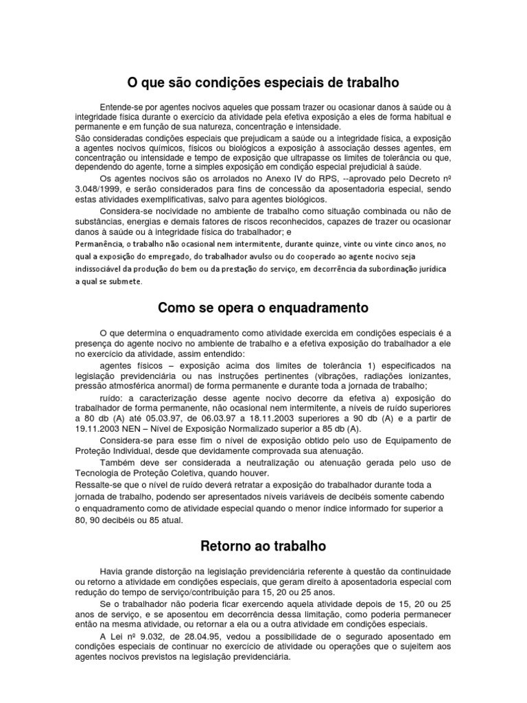 Condições Especiais de Trabalho e Nocividade | PDF | Aposentadoria ...