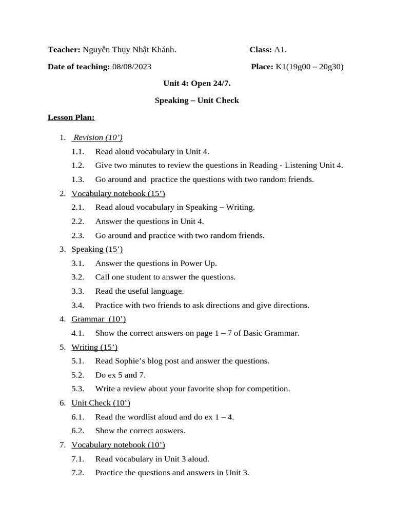 Unit 4 Speaking + Unit Check - A2 (08-08) | PDF