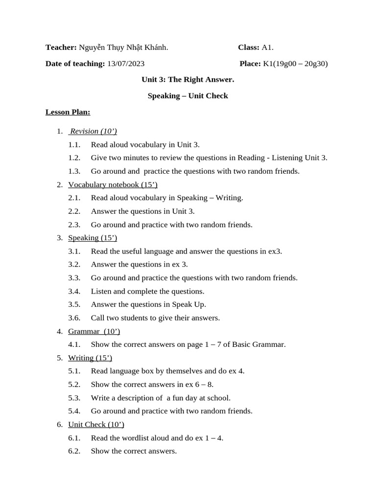 Unit 3 Speaking + Unit Check - A2 (13-07) | PDF
