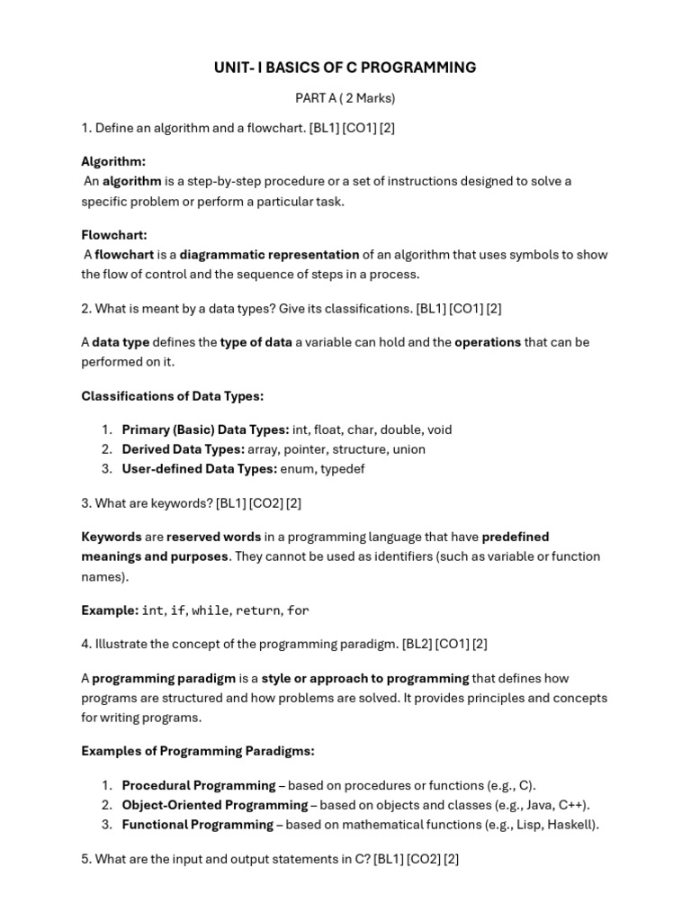 Unit- i Basics of c Programming With Answers | PDF | Control Flow ...