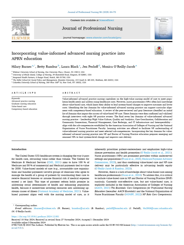 Incorporating Value Informed Advanced Nursing Prac 2025 Journal of ...