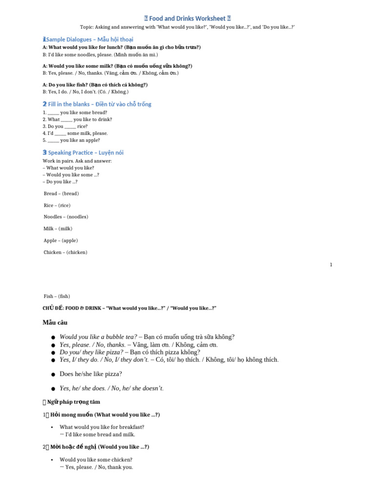 Food and Drinks Dialogue Practice | PDF | Food And Drink Preparation ...
