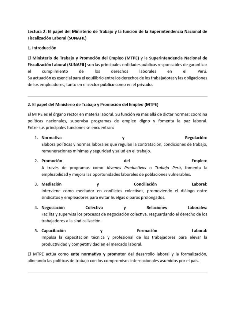 MTPE y SUNAFIL: Rol en derechos laborales | PDF | Derecho laboral | Empleo