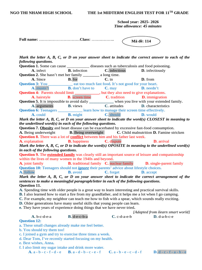 English Test Questions for 11th Grade | PDF | Vaccines