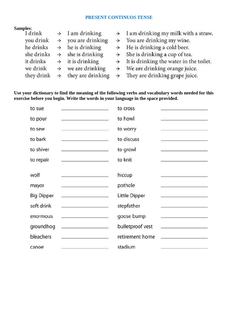 Present Continuous Tense Exercises | PDF