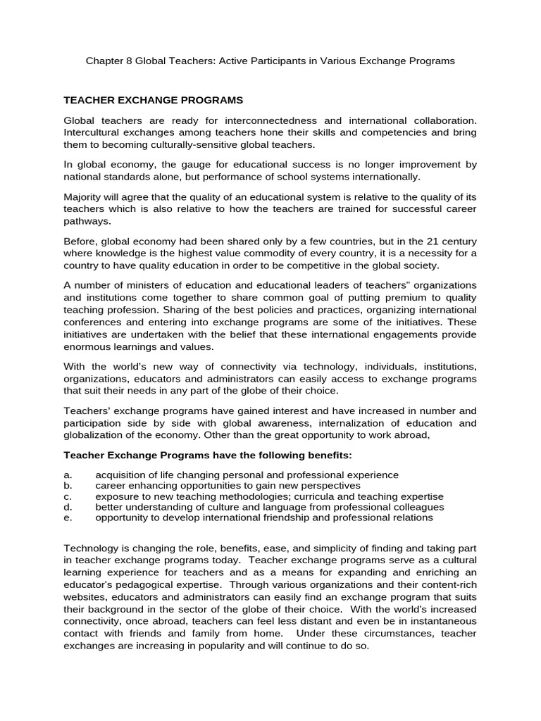 Global Teacher Exchange Programs Overview | PDF | Teachers | Learning