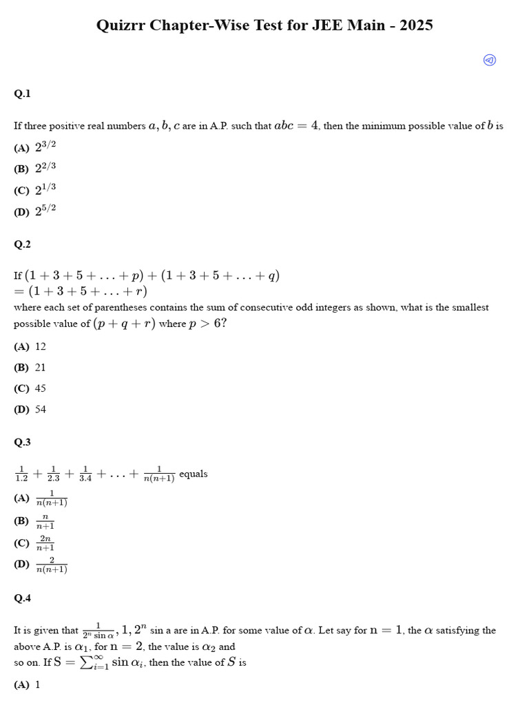 JEE Main 2025 Chapter-Wise Quiz Test | PDF | Discrete Mathematics ...