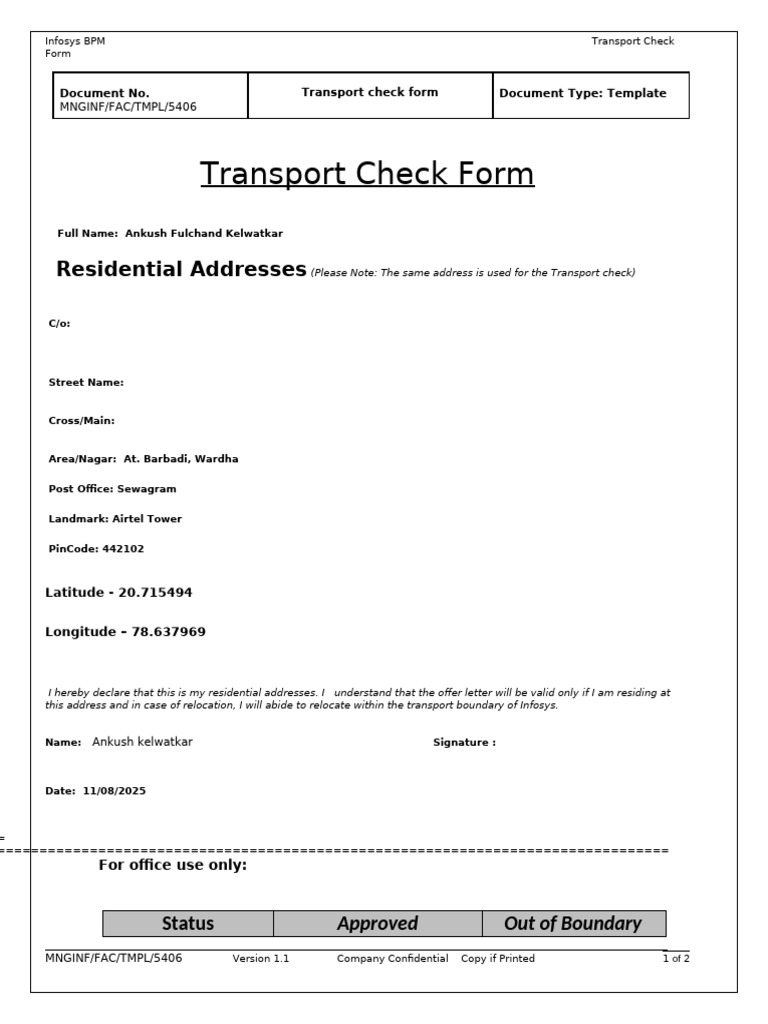 Infosys Transport Check Form Template | PDF