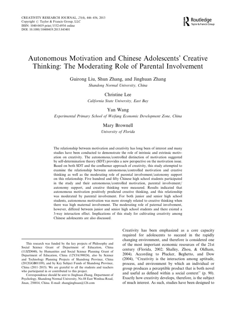 Autonomous Motivation and Creative Thinking | PDF | Creativity ...