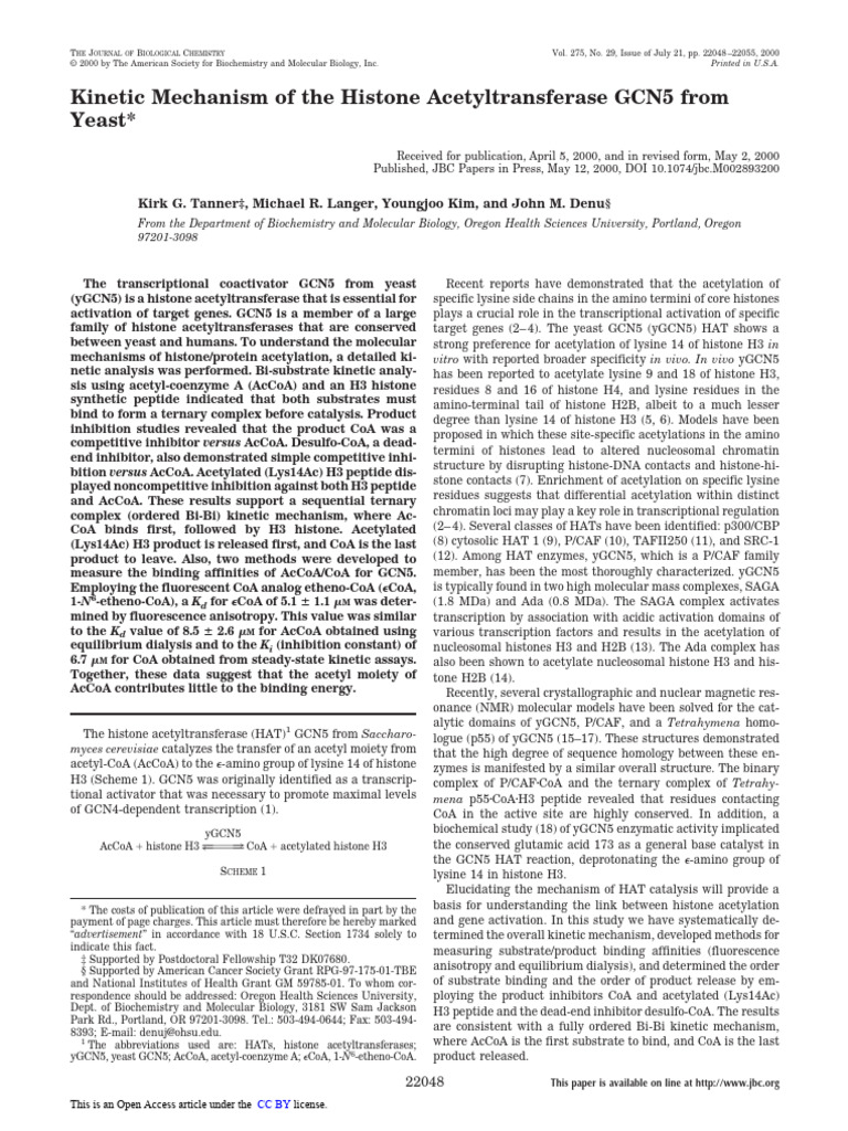 Kinetic Mechanism of The Histone Acetyltransferase GCN5 From Yeast ...