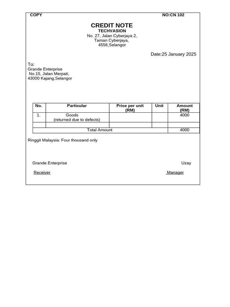 Credit Note for Returned Goods | PDF