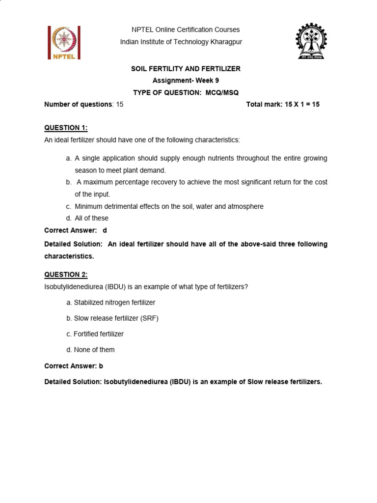 Assignment Week 9_SFF-2025 | PDF | Fertilizer | Soil Science