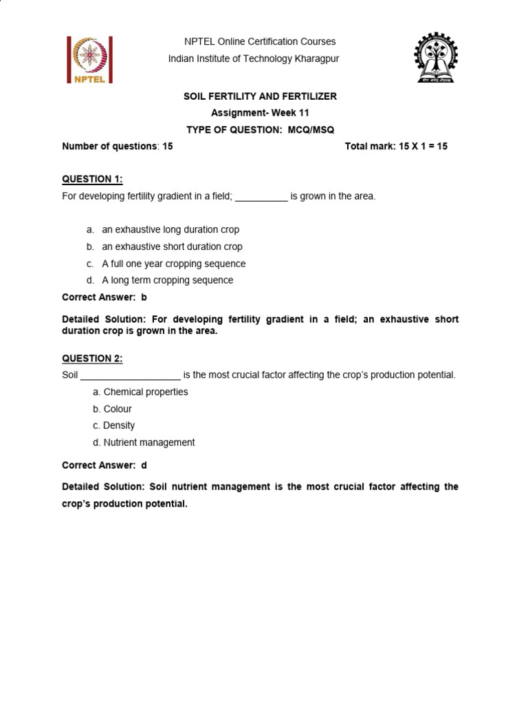 Soil Fertility & Fertilizer MCQs Guide | PDF | Fertilizer | Plant Nutrition