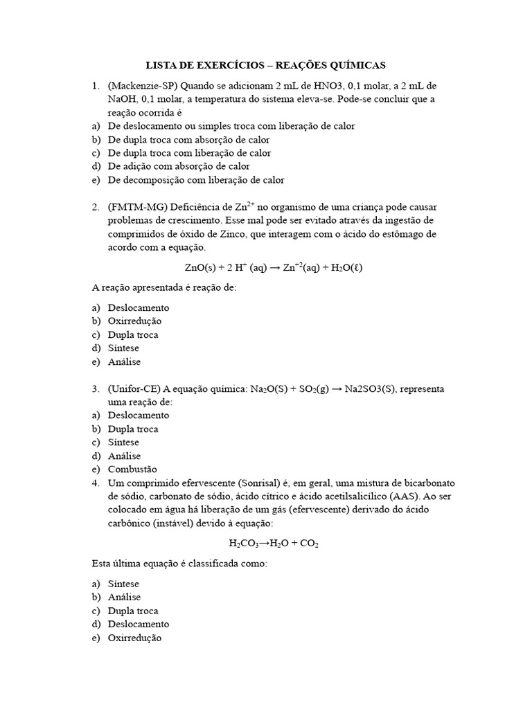Exercícios sobre Reações Químicas | PDF