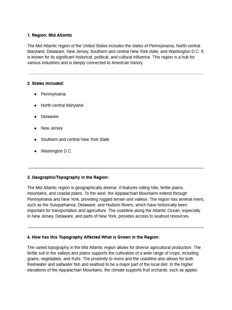 Mid Atlantic Region: Geography & Cuisine | PDF | Foods | Cuisine