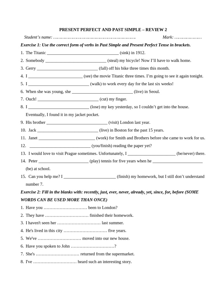 Present Perfect vs Past Simple Exercises | PDF | Linguistics | Grammar