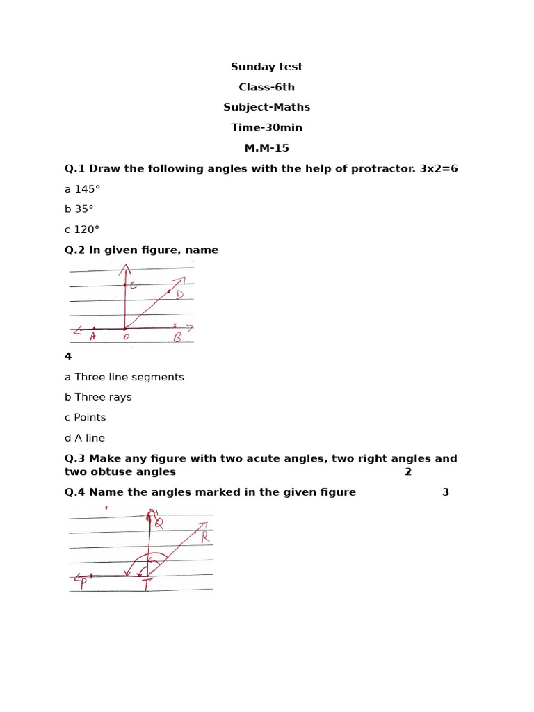 Class 6 Maths Sunday Test Angles | PDF