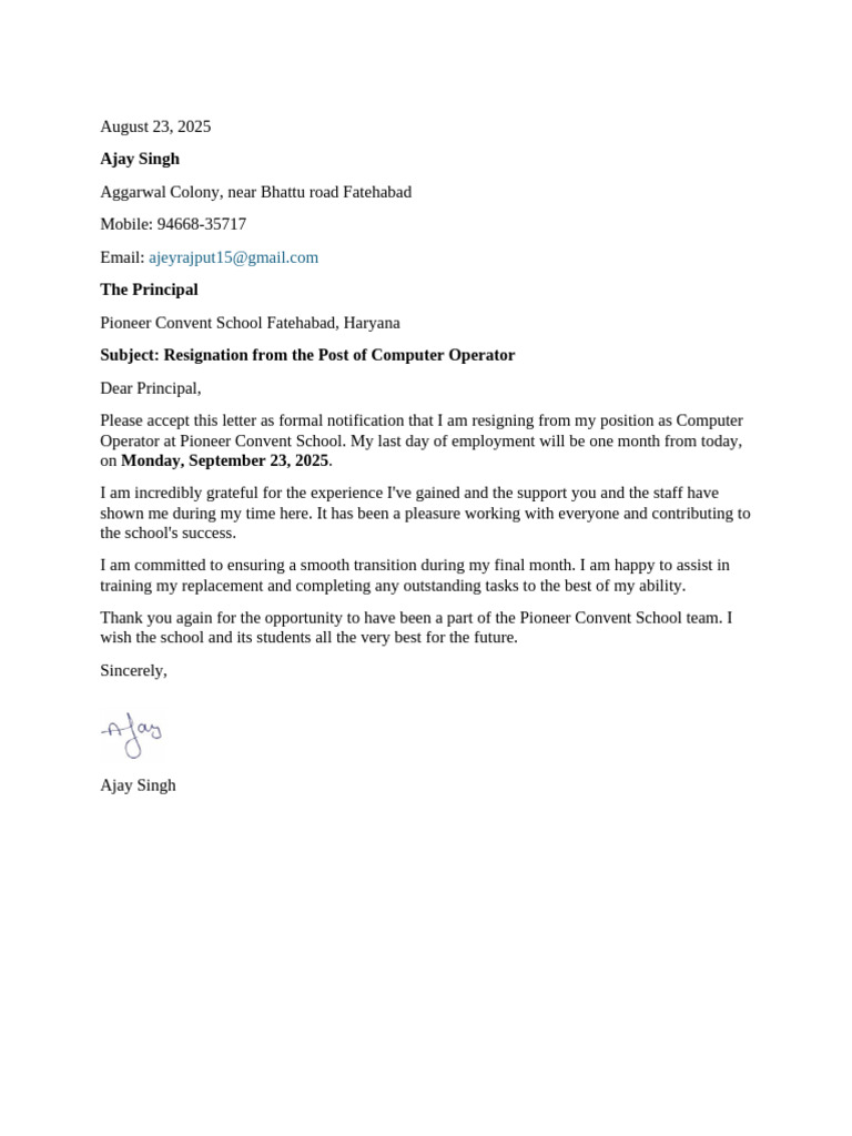 Resignation Letter - Computer Operator | PDF