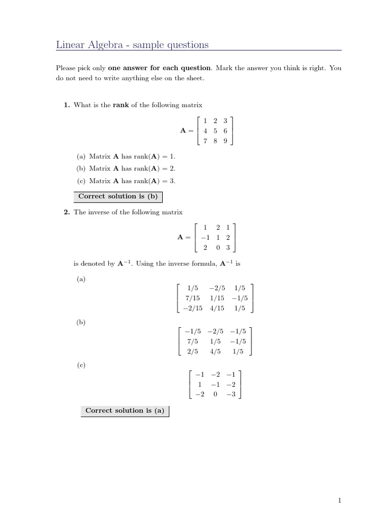 Linear Algebra Sample Questions and Answers | PDF | Matrix (Mathematics ...