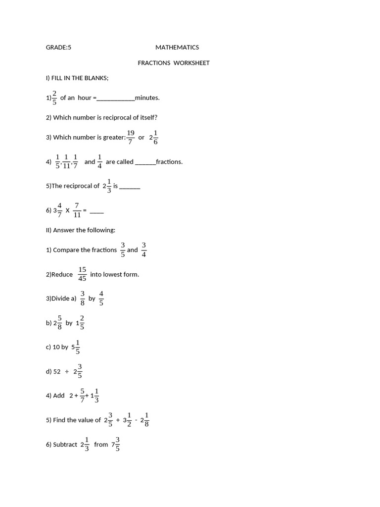 Grade 5 Mathematics Fractions Worksheet | PDF | Elementary Mathematics ...