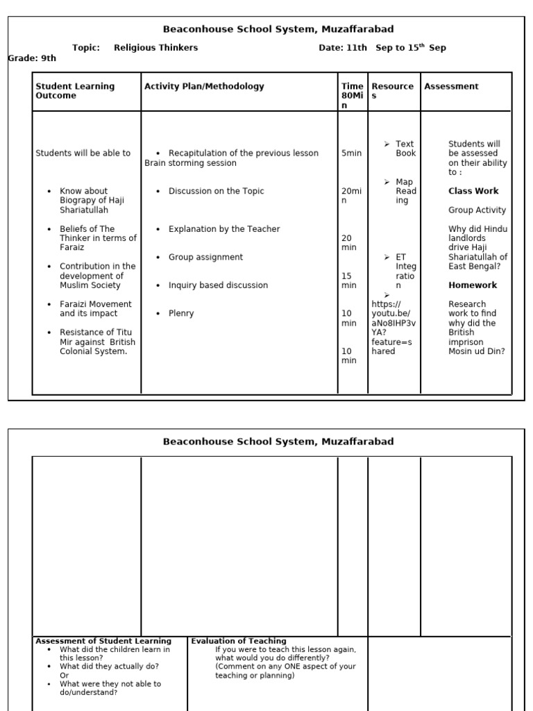 Lesson Plan History Sep 2 | PDF | Pedagogy | Cognition