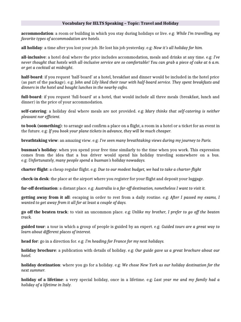 IELTS Speaking Vocabulary: Travel & Holidays | PDF | Meal | Internet