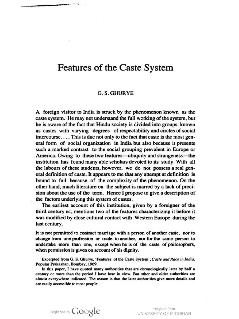 G.S. Ghurye Features of Caste System | PDF