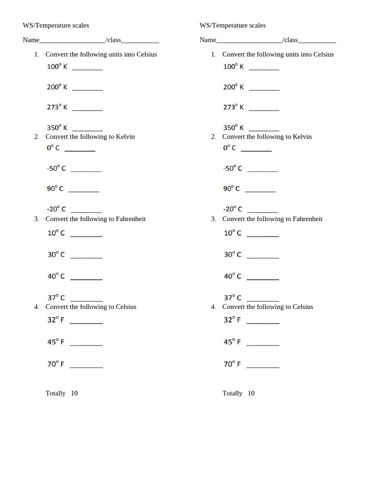 Temperature Scale Conversion Worksheet | PDF