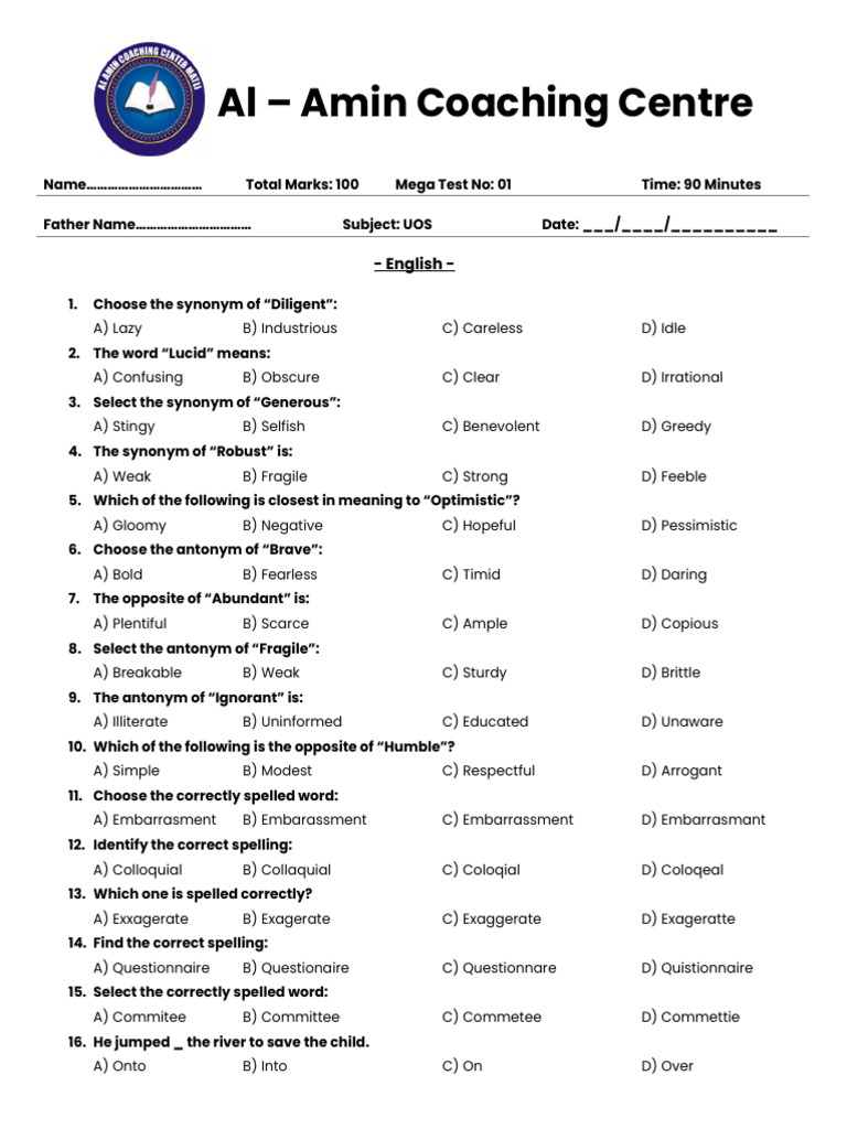 UOS Mega Test 01: English & GK Questions | PDF | Questionnaire | Odds