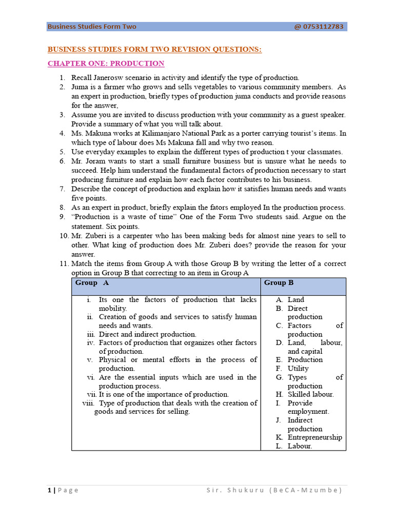 Business Studies Form Two Revision Guide | PDF | Warehouse | Inventory