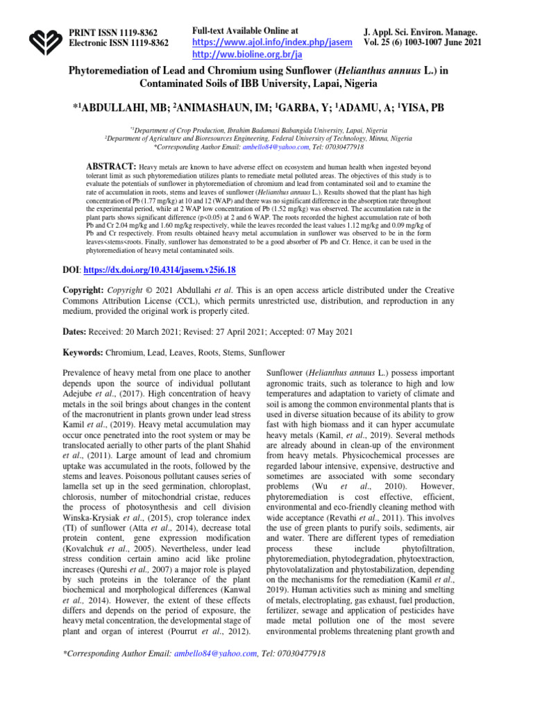 Phytoremediation of Lead and Chromium Us | PDF | Earth Sciences ...