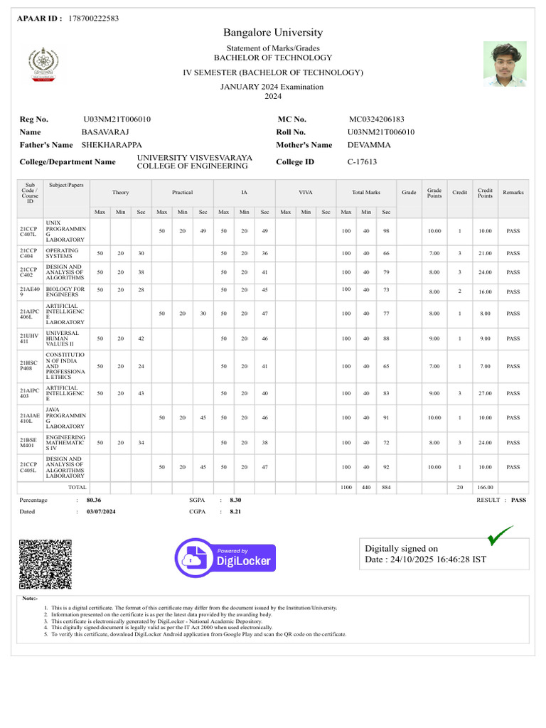 B.Tech IV Semester Marks Statement | PDF | Computing