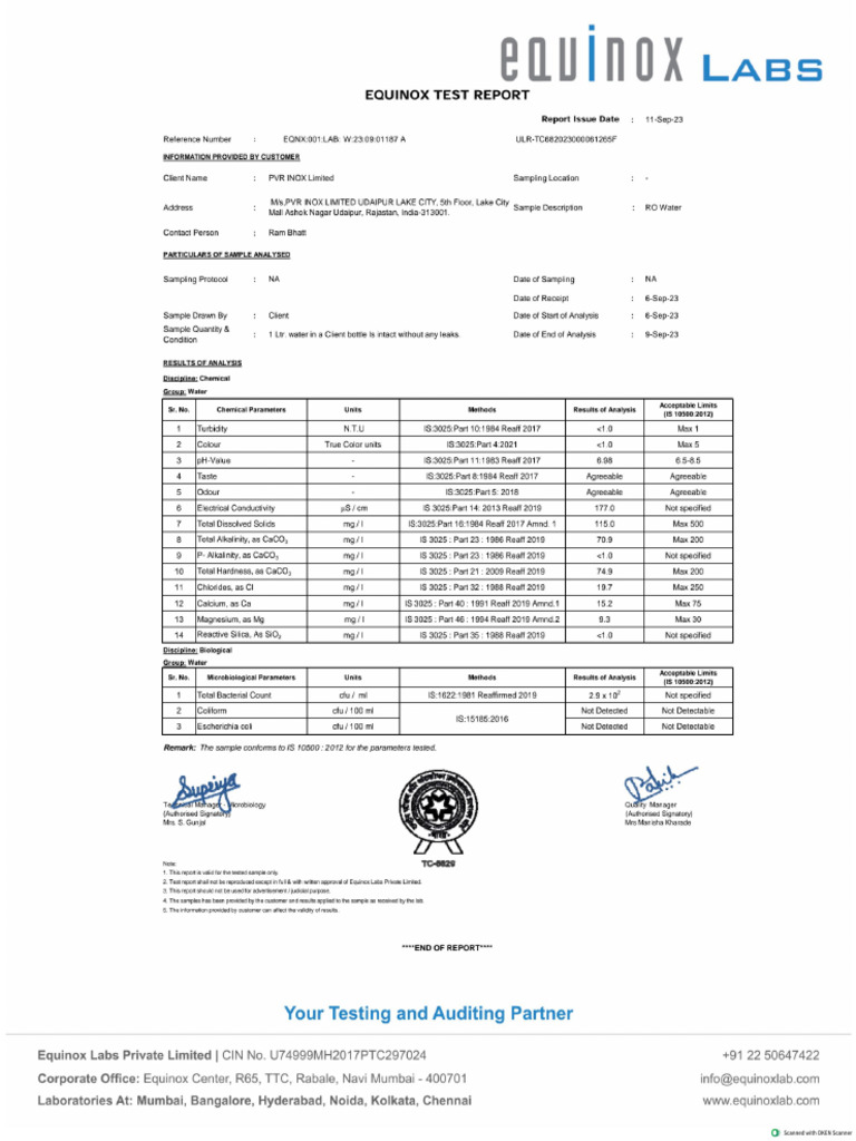 Raw Ro Water Test Report - Inox - 1 | PDF