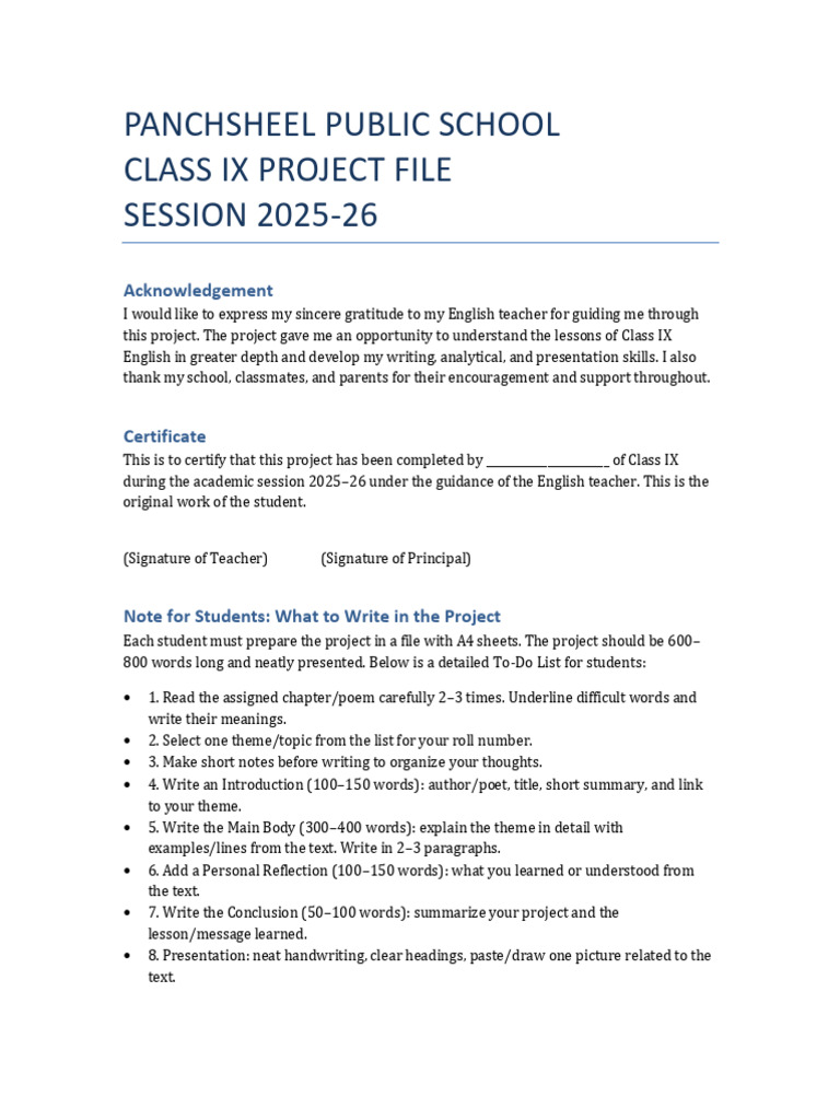 Class IX English Project Guidelines | PDF
