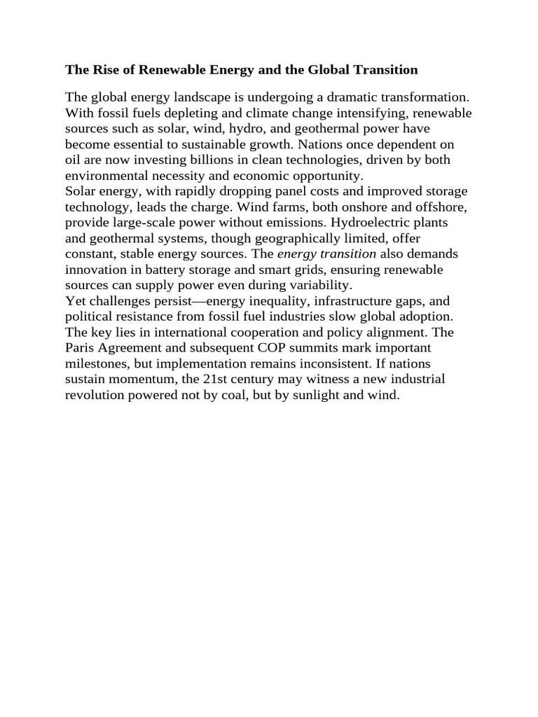 The Rise of Renewable Energy and The Global Transition | PDF