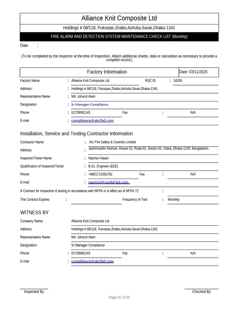 Monthly Fire Alarm Maintenance Checklist | PDF | Fire Sprinkler System ...