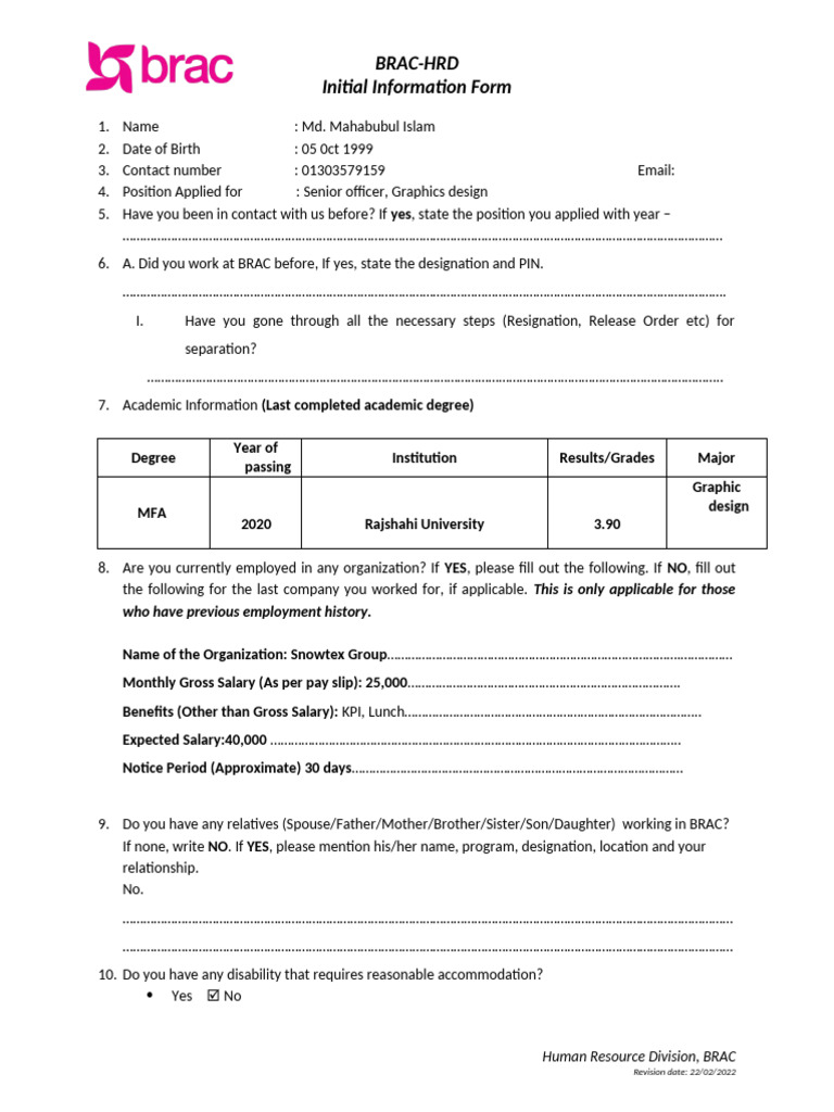 Initial Information Form BRAC | PDF | Chess Theory | Chess