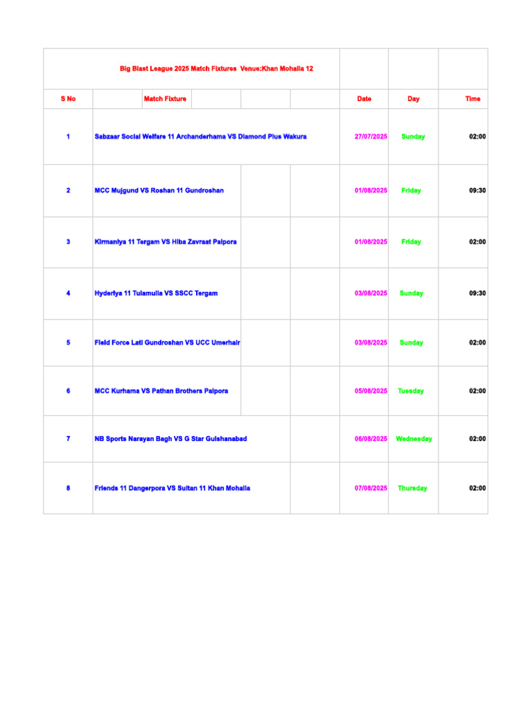 BBCL Match Fixture | PDF